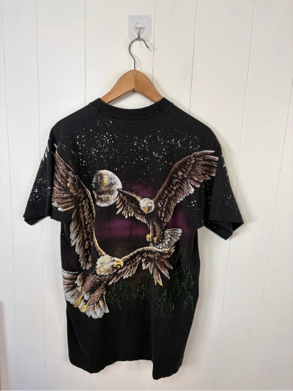 Vintage AOP Black Eagle Short Sleeve T-shirt 1990s Graphic Retro Mens Med/Large - Picture 3 of 9